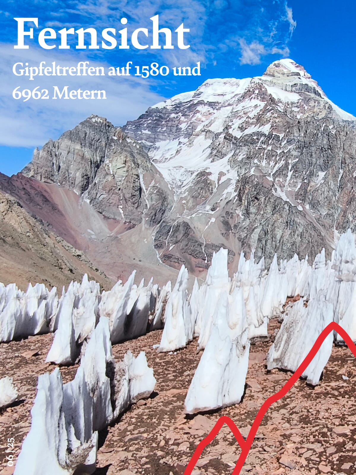 Titelbild Fernsicht Berg Aconcagua mit Schneehaube und Büsserschnee im Vordergrund