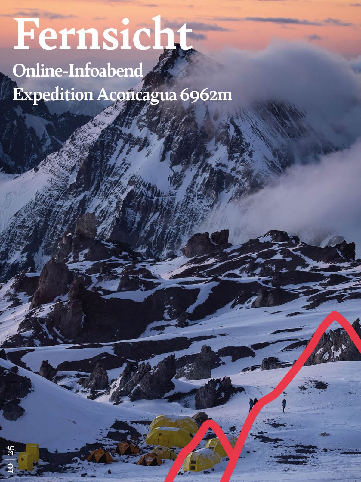 Titelbild Fernsicht Berg Aconcagua mit Zelten, Bergsteiger und Schnee