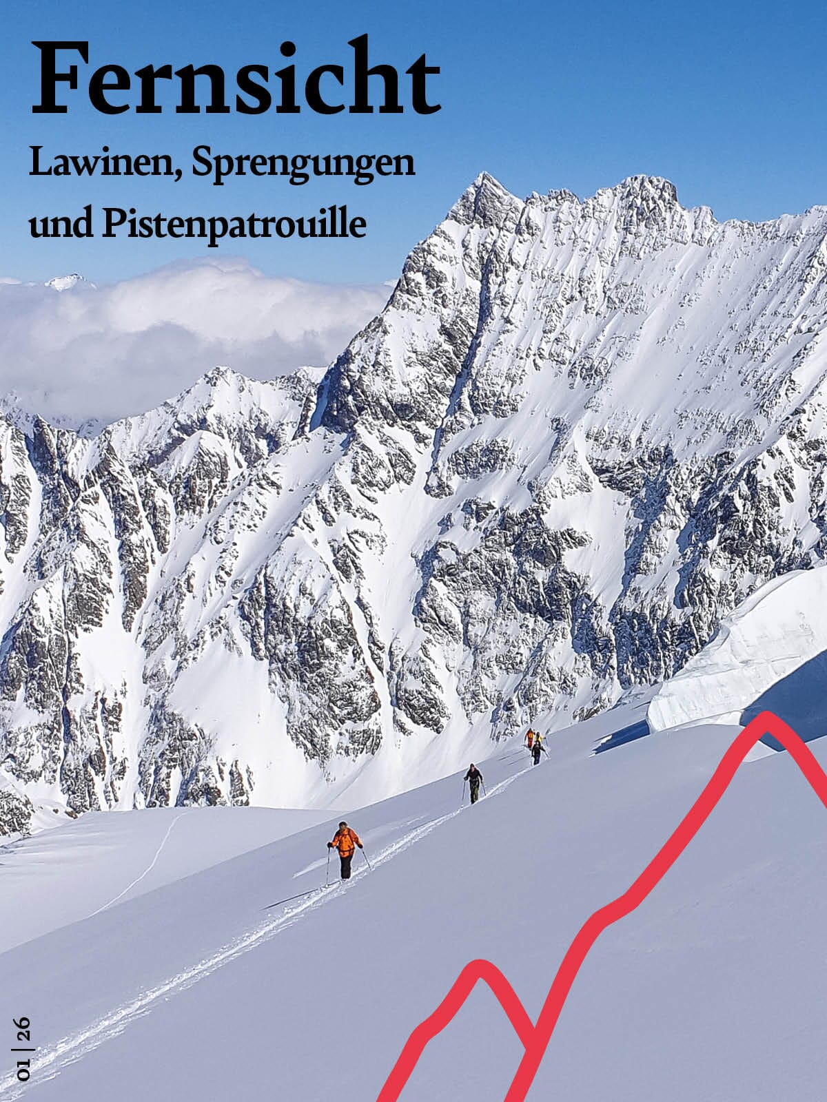 Titelbild Online-Magazin Fernsicht | Tourengänger unterwegs in den Bergen, Pulverschnee und imposante Gipfel