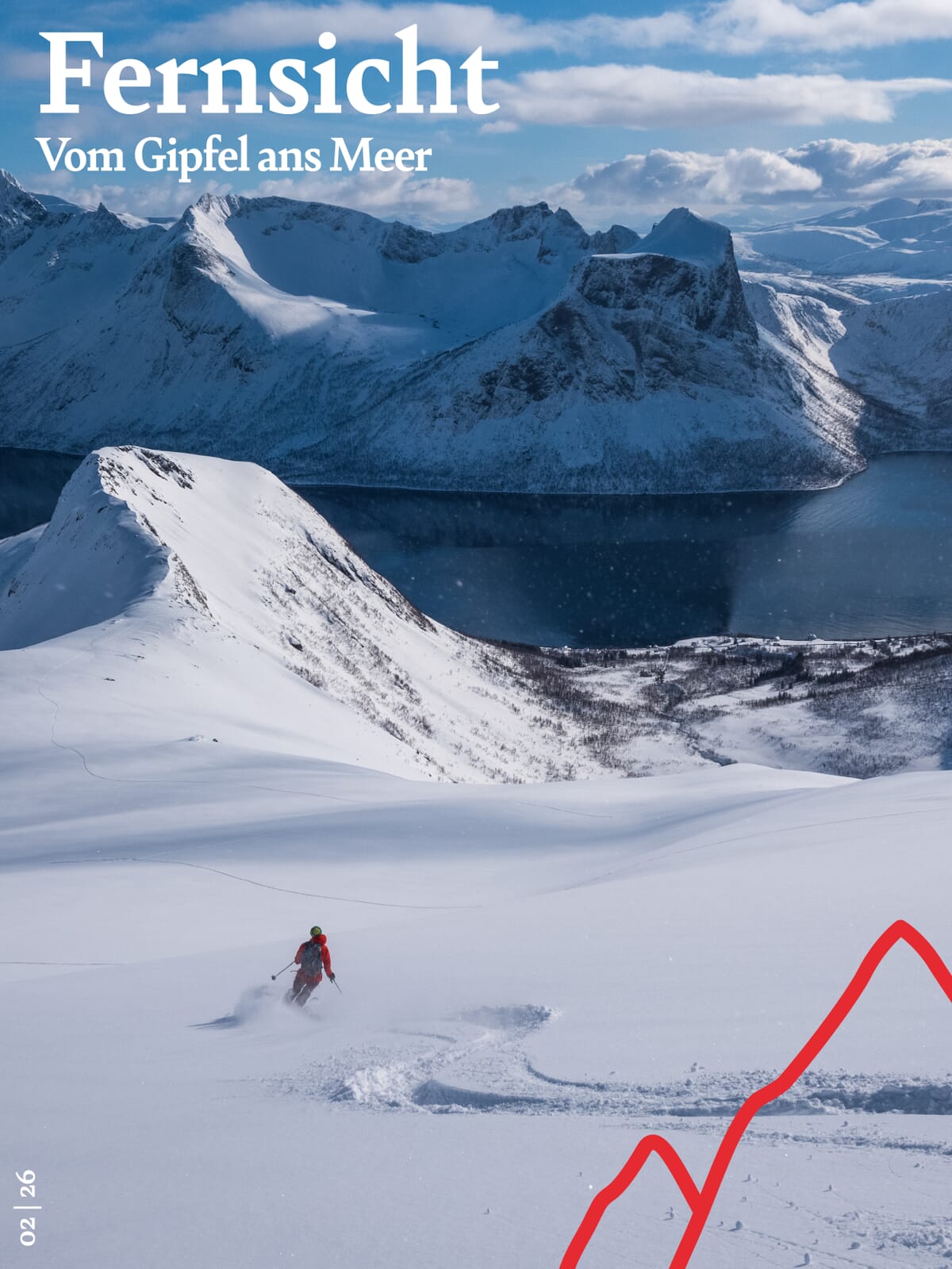 Skitourenfahrer auf der Abfahrt zum Fjord