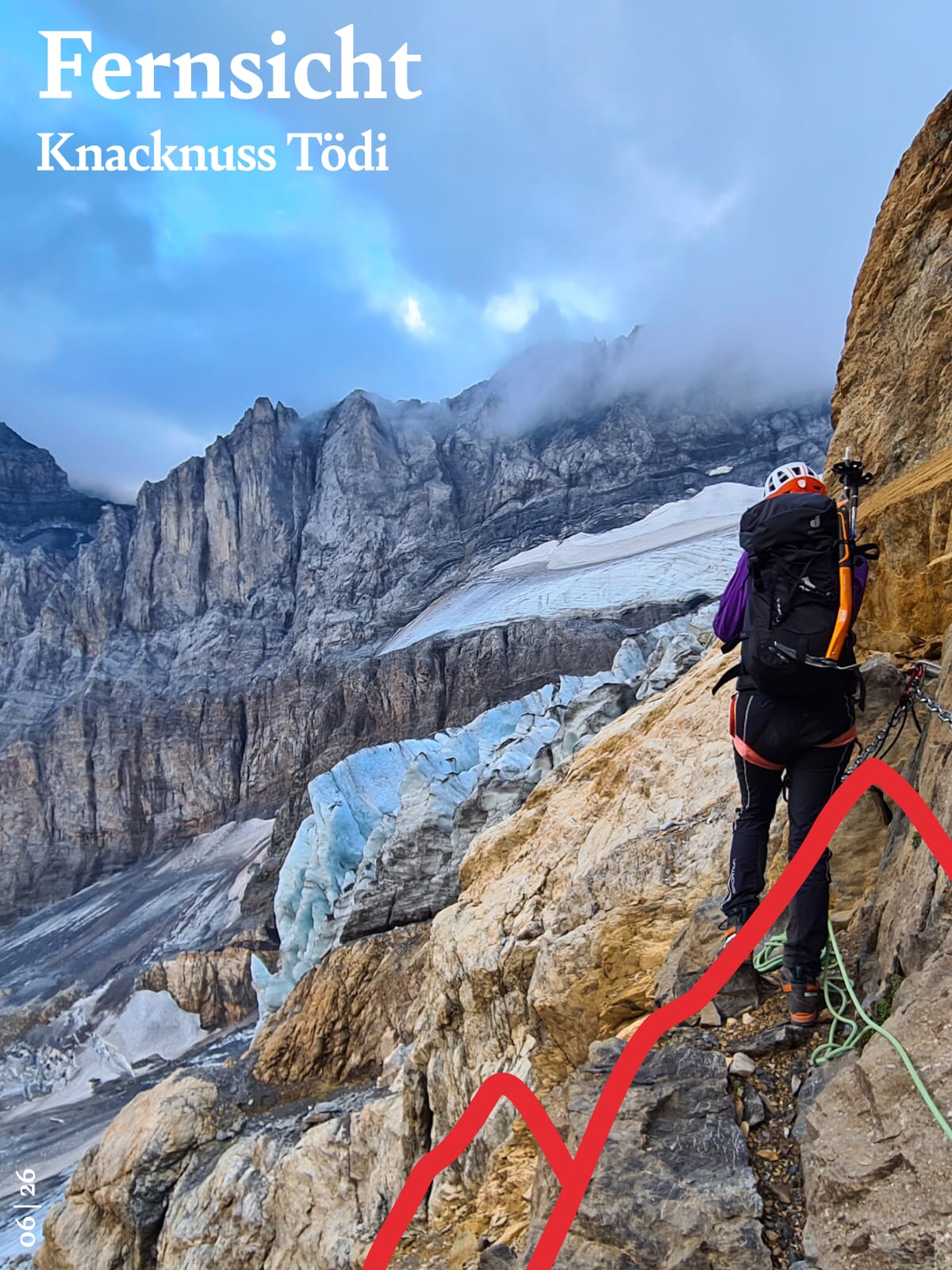 Kletterer an Bergwand neben Gletscher.