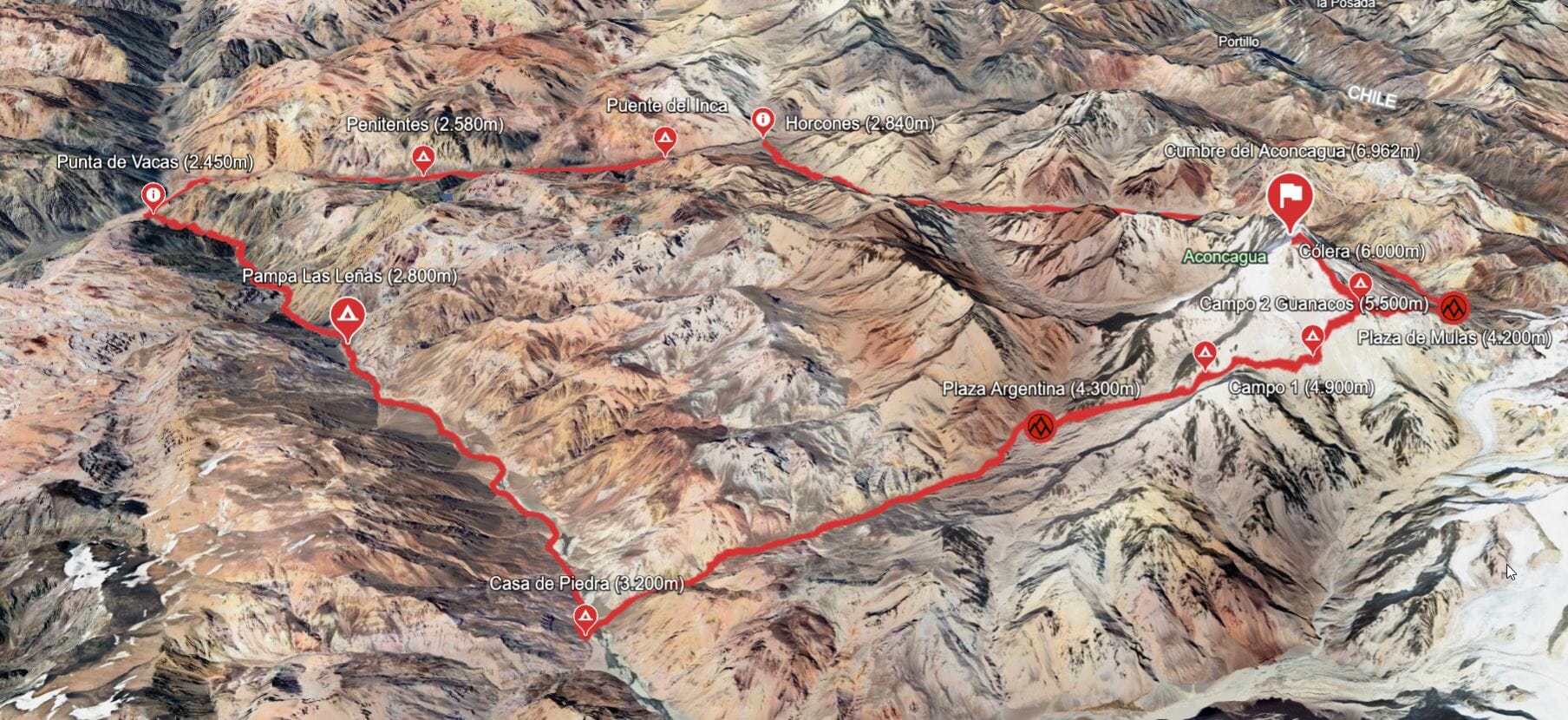 Aconcagua 360-Grad-Route mit Berg+Tal auf Google Earth