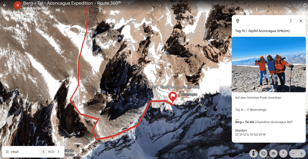 360 Grad Route auf Google Earth, Vorschau mit Text und Bild