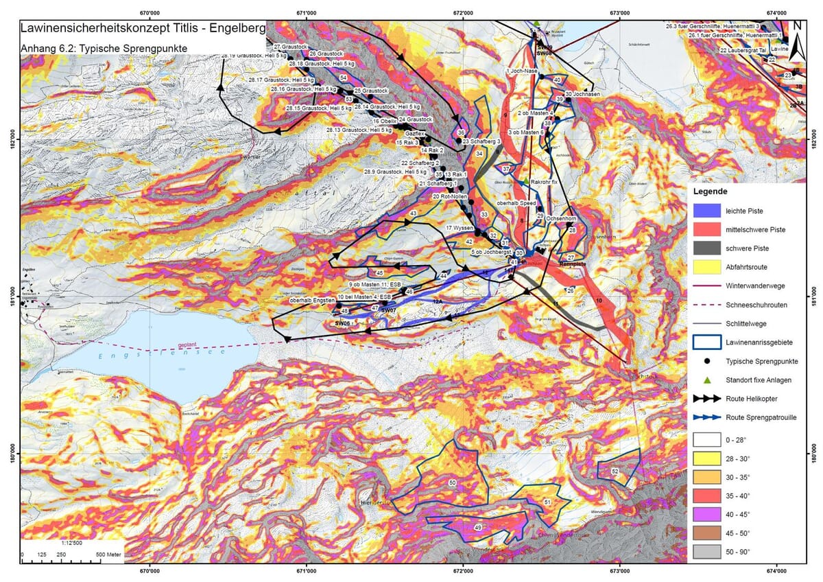 Detaillierten Gefahrenkarte des Skigebiets Engelberg-Titlis, Sicherheitskonzept, Gefahrenkarte erstellt vom SLF