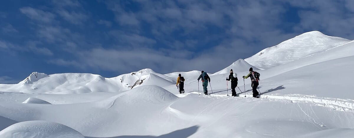 4 Tourengänger im Aufstieg, Touren mit Splitboard, verschneite Landschaft