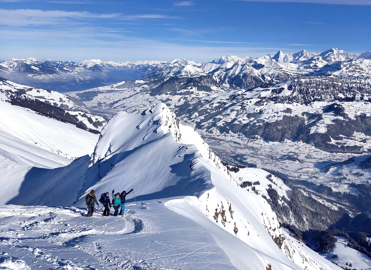 Powderabfahrt, mehrere Tourengänger als Gruppe unterwegs, Lawinenkurs und Skitourenkurs