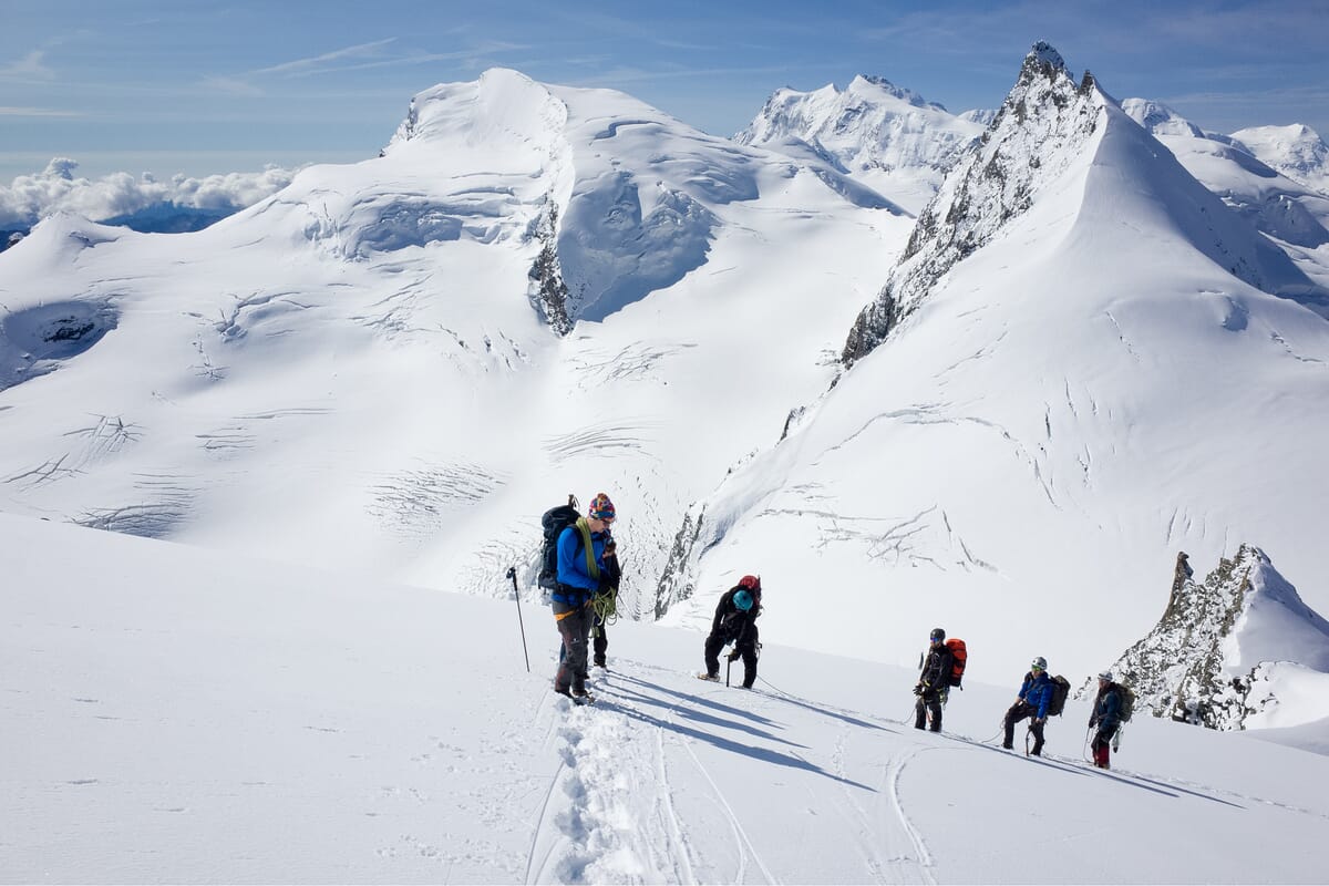 Hochtourengruppe im Aufstieg | Im Hintergrund Gletscher und Berglandschaft